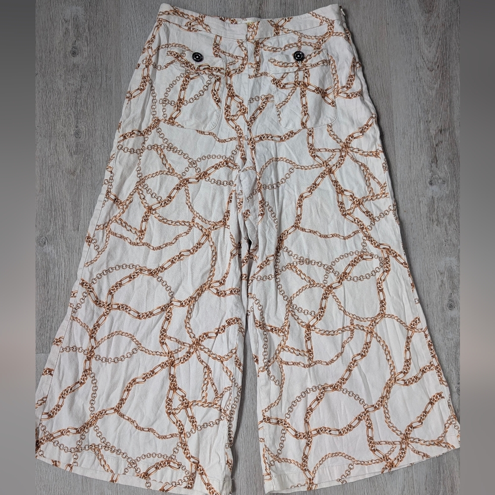 Maeve Anthropologie Cream Wide-Leg Flowy Cropped Chain Print Palazzo Pants Sz 14 - Picture 5 of 12